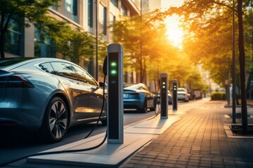 Charging station for electric vehicles. Background with selective focus and copy space