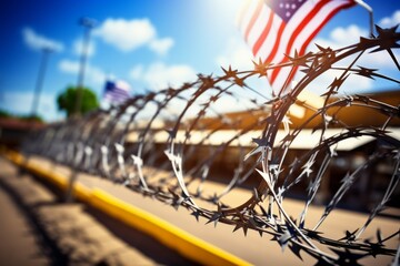 Barbed wire on the US state border. Background with selective focus and copy space