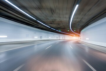 Motion blur shot of an empty road under a tunnel with white lights