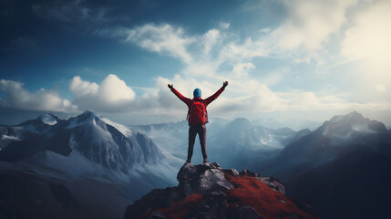 Man with red hiking gear standing on top of a peak with with arms up, inspiring achievement & freedom, facing a vast natural landscape with snowy mountains & blue sky