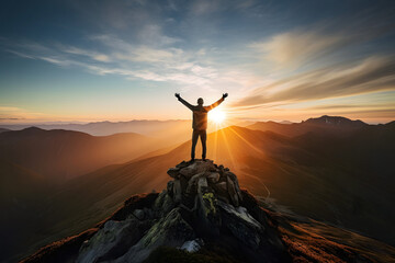 Man standing on top of a peak with open arms, kissed by the rays of a rising sun, facing a vast...