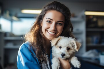 The woman is a professional veterinarian. Top professions concept. Portrait with selective focus and copy space
