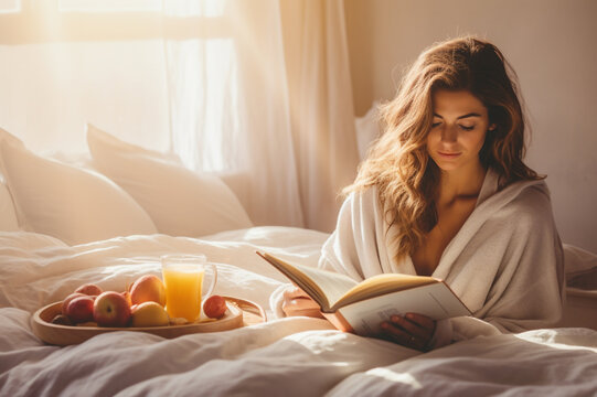 Young woman relaxing in bed, having breakfast with fresh fruits and reading a book 