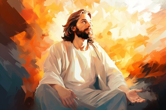 Jesus Christ in an abstract expressive impressionist style of painting. Portrait with selective focus and copy space