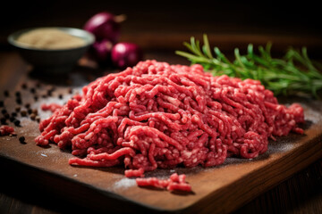Raw beef or pork minced. Black background. Top view. healthy eating. fresh meat. cooking food - obrazy, fototapety, plakaty