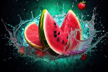 watermelon and splash of juice, water. splashes on a dark city background. fruits and vitamins