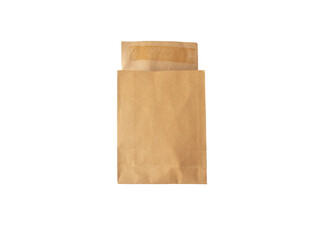 Paper courier bag with flap and traces of glue and isolated transparent png. Open retail or postal...