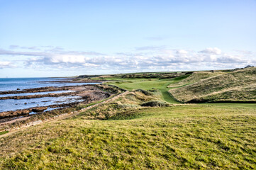 St Andrews, Scotland - September 21, 2023: Seaside views alongside the Kingsbarns Golf Course on...