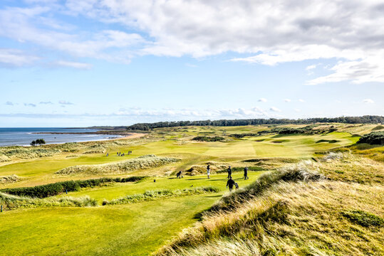 St Andrews, Scotland - September 21, 2023: Landscape views of the Kingsbarns Golf Course on the outskirts of St Andrews Scotland
