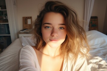 Naklejka premium Beautiful Woman Captures Sunrise Selfie in Cozy Bedroom