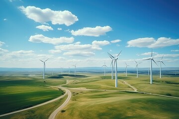 Windmills Dance: Aerial Perspective of Clean Energy Generation on Meadow