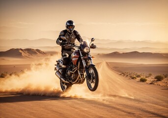 Motorbike racing through the desert road, generative AI
