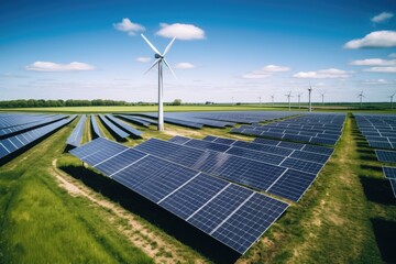 Eco Symphony: Aerial View of Windmills and Solar Panels Generating Clean Energy in the Countryside
