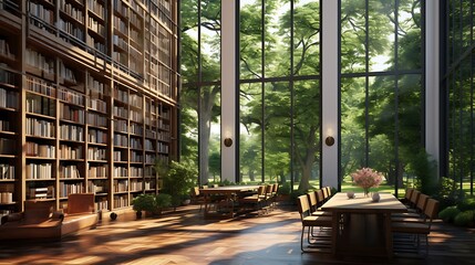 A library with a wall of windows overlooking a garden.