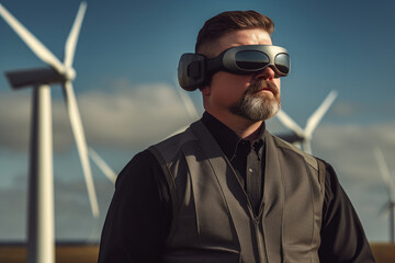 Navigating the Future: Engineer with VR Glasses Overseeing Wind Turbine Operations