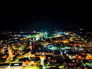 An aerial view of the centre of Ipswich at night in Suffolk, UK