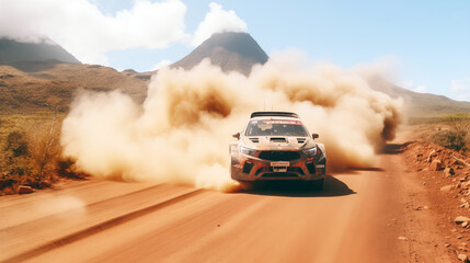 Racing off-road vehicle in the mountains. Extreme sport. Off-road vehicle in the desert. 3D illustration.