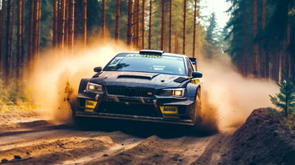 Racing car on a dirt road in the forest. Concept of extreme sport. Racing car on a muddy road in...