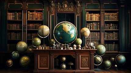 A library with a collection of vintage globes and maps.