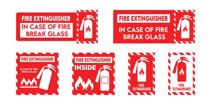 Fire extinguisher sign, In case of fire break glass vector sign and label sticker, vector illustration