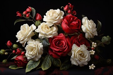 a bouquet of red and white roses on a classic black background, leaving space for a "Timeless Romance" banner.