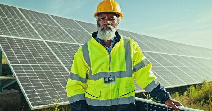 Engineering, man or serious with solar panels outdoor for renewable energy, maintenance and electrical grid. Photovoltaic, senior person or employee and assertive on grass for clean electricity