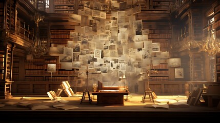A library with a wall of historical documents. - obrazy, fototapety, plakaty