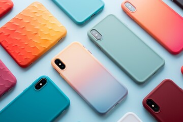 a variety of smartphone accessories, like stylish phone cases, on a cool and trendy gradient background. Reserve space for showcasing compatibility and custom designs. - obrazy, fototapety, plakaty