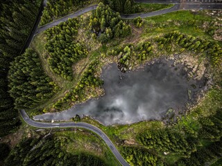Aerial view of a tranquil pond surrounded by lush green vegetation in Transylvania