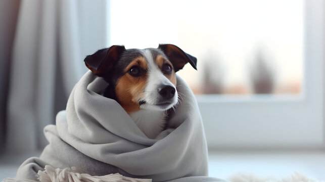 Cute dog is freezing in living room and warming himself under blanket near radiator