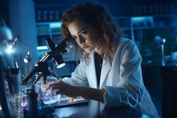 A young female researcher sets up a microscope in the laboratory of a research institute for her experiment on creating innovative medicines and vaccines,