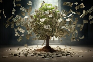 Money tree on a currency-themed backdrop, emphasizing prosperity.