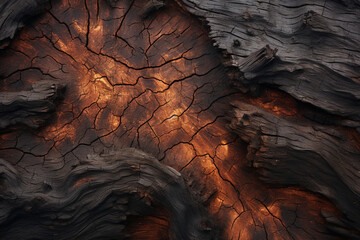 焦げた木の皮をクローズアップして詳細にマクロ背景。A close-up, detailed macro view of charred wood bark, revealing a dark texture. This background showcases the intricate patterns of burned and scratched cork　Generative AI - obrazy, fototapety, plakaty