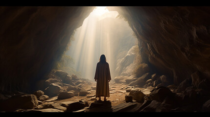 Fototapeta premium jesus cristo saindo da caverna em direção a luz do pai