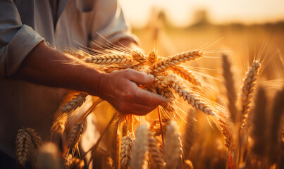 An unrecognized farmer pours a picked crop of grain while an agrarian checks the wheat harvest in the blurred background,