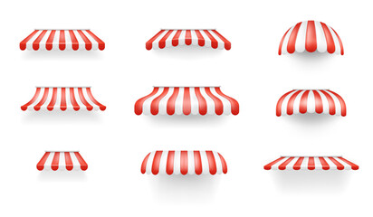 Shop sheds. Store canopy marquise tent for window cafe, scalloped canvas roof outdoor shelter house or beautiful awning of storefront market, realistic decent vector illustration