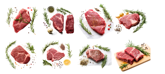 Collection set of Raw steak and rosemary on a transparent background.