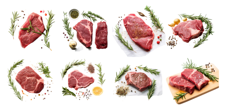 Collection set of Raw steak and rosemary on a transparent background.