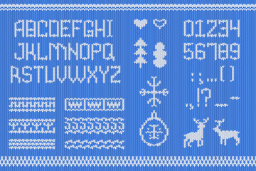 Sweater font. Crocheted sweaters letters knitting font, ugly folk christmas jumper embroidery design elements for norway xmas party, crochet wool pattern decent vector illustration - obrazy, fototapety, plakaty