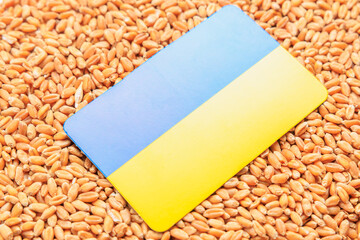 Ukraine flag on a background of wheat grain. Concept of grain deal and world food security. Texture