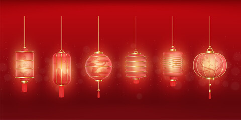 Asian glowing lanterns. 3d chinese lamp with lights effect, red silk or paper lantern on tradition culture china japan festival, chinatown oriental decor decent vector illustration - obrazy, fototapety, plakaty