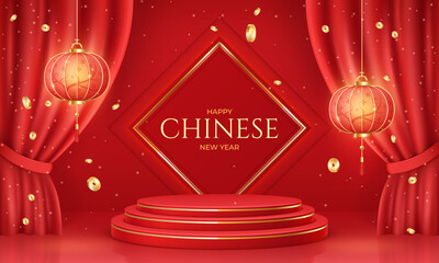 Chinese almanac. Stairs in asian new year or spring entry realistic greeting poster, red lanterns cny curtains traditional festive china lunar calendar, decent vector illustration - obrazy, fototapety, plakaty