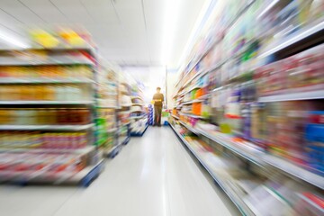 Person standing in a grocery store in a motion blur