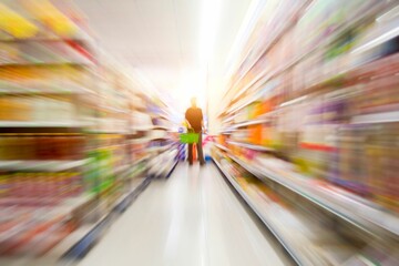 Person standing in a grocery store in a motion blur
