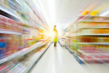 Person standing in a grocery store in a motion blur