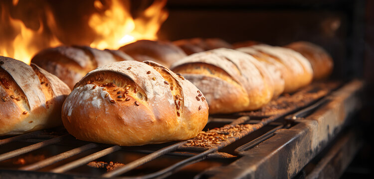 Bakery business making fresh bread from grains and seeds, baking in the oven,