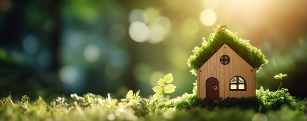 エコ・フレンドリー・ハウス - 庭の苔の上に建つ木の家。Eco Friendly House - Tree house on moss in the garden、Generative AI	