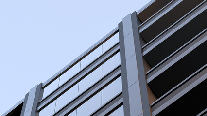 City business building with glass part, architectural design of buildings, modern building with glass windows and open space, office space, banner. 3D render.