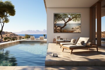 Fototapeta premium A modern home and swimming pool next to the ocean
