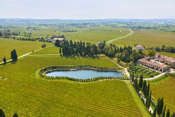 Beautiful panoramic view of the countryside near San Martino della Battaglia near Lake Garda, Brescia, Italy. - obrazy, fototapety, plakaty